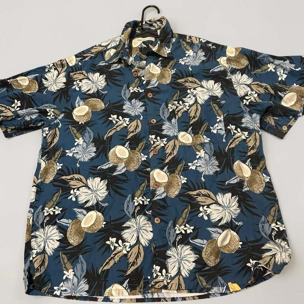 Caribbean by Roundtree & Yorke Silk Cotton Hawaiian Shirt Blue Coconut Large